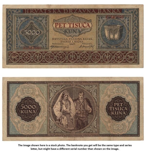 CROATIA 5000 kuna 1943 / Letter prefix: E / WWII Ustasa Germany Italy ally / VF-