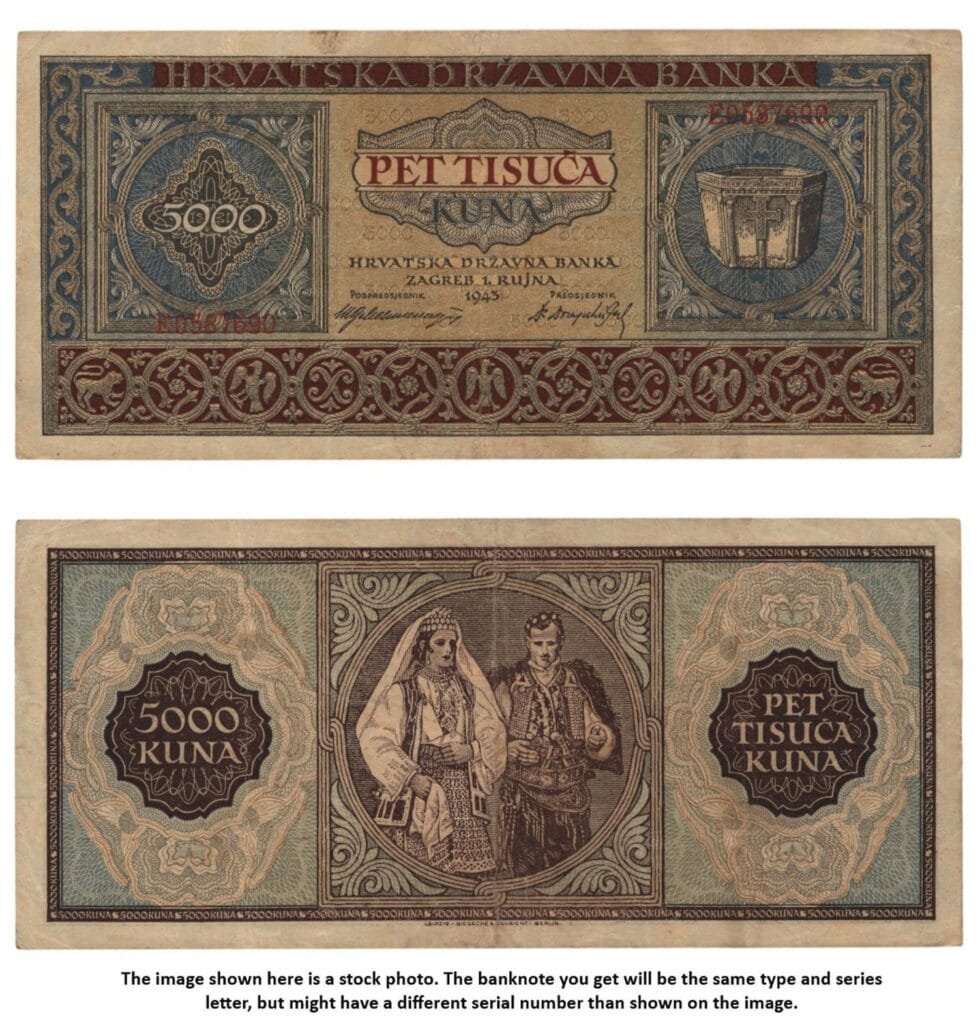 HRVATSKA 5000 kuna 1943. / Slovni prefix: E / Drugi svjetski rat Ustaše Njemačka Italija saveznik / VF-