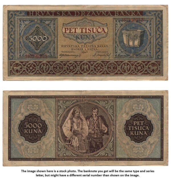 CROATIA 5000 kuna 1943 / Letter prefix: H / WWII Ustasa Germany Italy ally / VF-