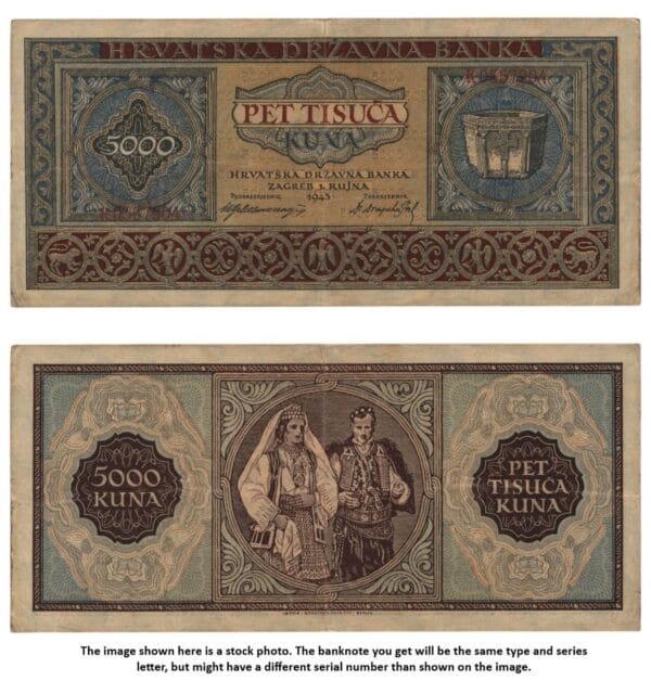 CROATIA 5000 kuna 1943 / Letter prefix: K / WWII Ustasa Germany Italy ally / VF