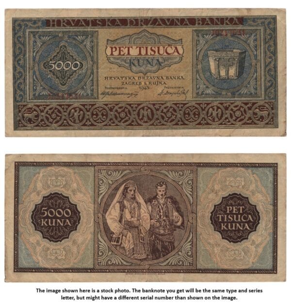 CROATIA 5000 kuna 1943 / Letter prefix: J / WWII Ustasa Germany Italy ally / VF