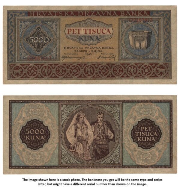 CROATIA 5000 kuna 1943 / Letter prefix: O / WWII Ustasa Germany Italy ally / VF