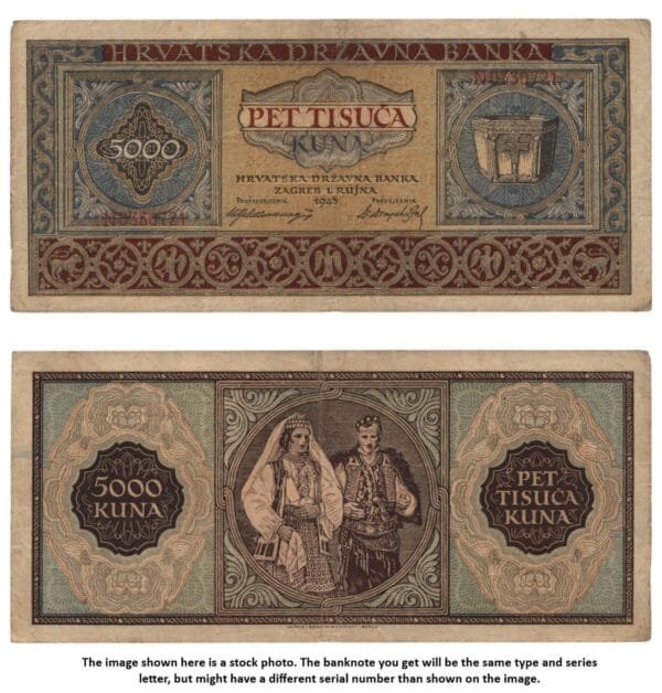 CROATIA 5000 kuna 1943 / Letter prefix: N / WWII Ustasa Germany Italy ally / VF