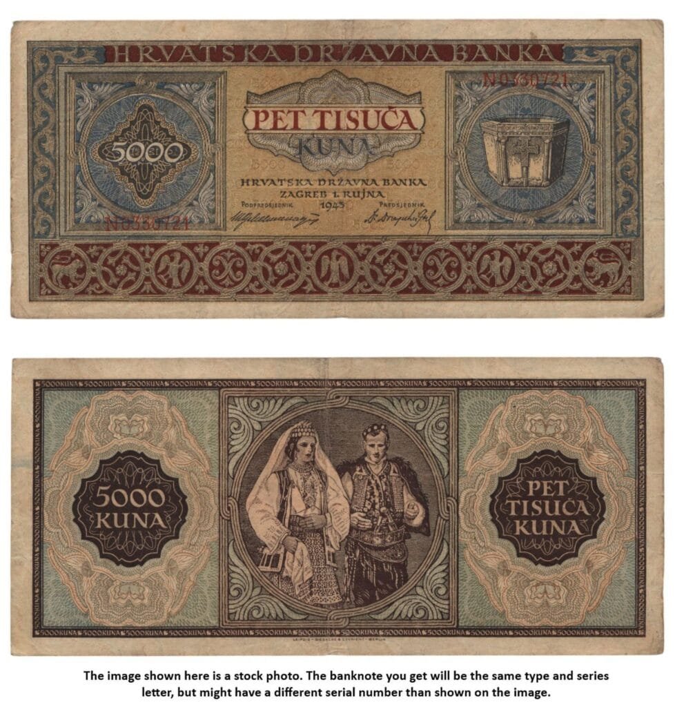 CROATIA 5000 kuna 1943 / Letter prefix: N / WWII Ustasa Germany Italy ally / VF
