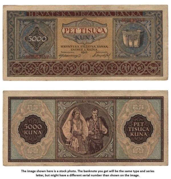 CROATIA 5000 kuna 1943 / Letter prefix: M / WWII Ustasa Germany Italy ally / VF