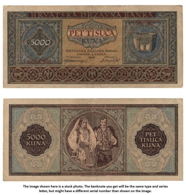 CROATIA 5000 kuna 1943 / Letter prefix: L / WWII Ustasa Germany Italy ally / VF