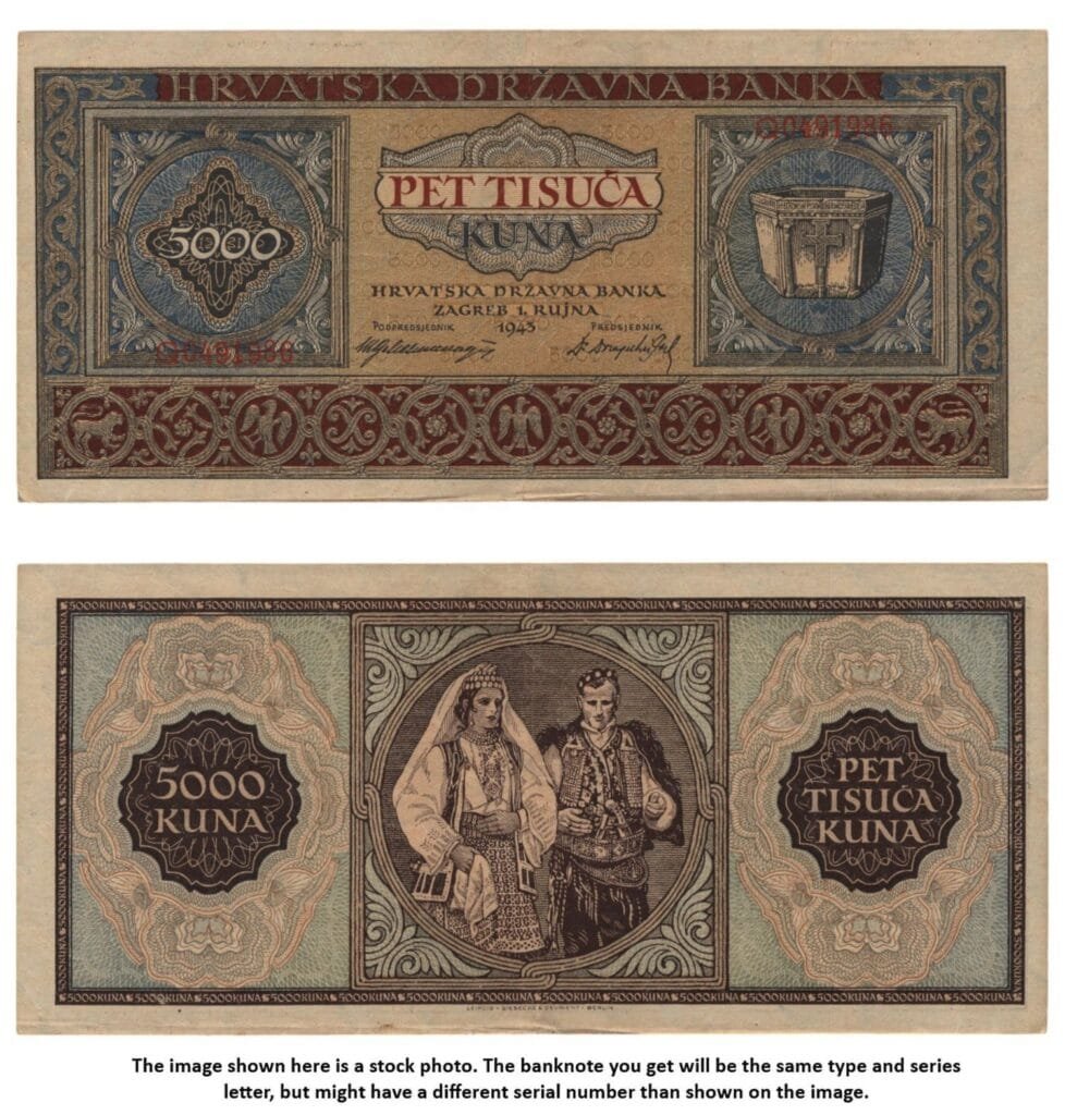 HRVATSKA 5000 kuna 1943. / Slovni preslik: Q / II. svjetski rat ustaše Njemačka Italija saveznik / VF