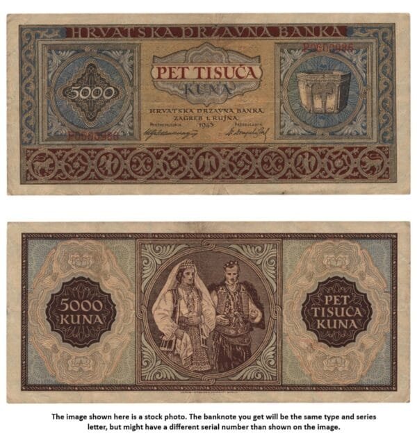 CROATIA 5000 kuna 1943 / Letter prefix: P / WWII Ustasa Germany Italy ally / VF