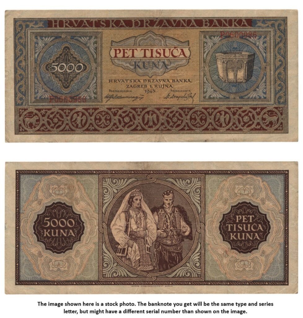 CROATIA 5000 kuna 1943 / Letter prefix: P / WWII Ustasa Germany Italy ally / VF