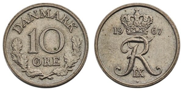 DENMARK 10 ore 1967 VF+