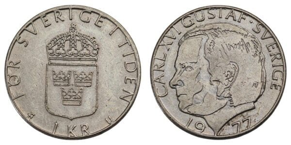 SWEDEN 1 krona 1977 VF+