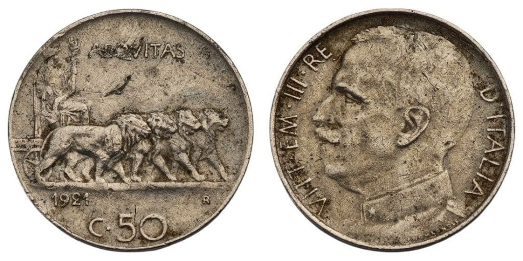 ITALY 50 centisimi 1921 / Plain edge / VF