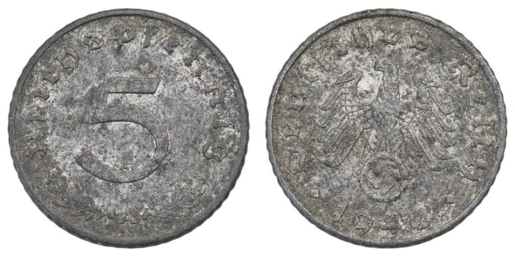 NEMČIJA 5 reichspfennig 1942A / Treći Reich / izdanje za vrijeme Drugog svjetskog rata / VF