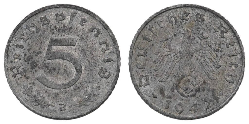 NEMČIJA 5 reichspfennig 1942B / Treći Reich / izdanje za vrijeme Drugog svjetskog rata / VF