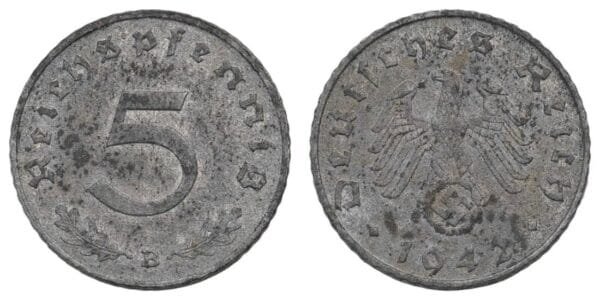 GERMANY 5 reichspfennig 1942B / 3rd Reich / WWII issue / VF