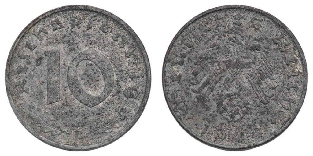NEMČIJA 10 reichspfennig 1944B / Treći Reich / izdanje za vrijeme Drugog svjetskog rata / VF