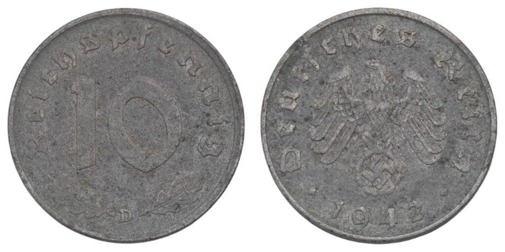 NEMČIJA 10 reichspfennig 1942D / Treći Reich / izdanje za vrijeme Drugog svjetskog rata / VF