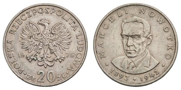 POLAND 20 zlotych 1976 / Marceli Nowotko / VF
