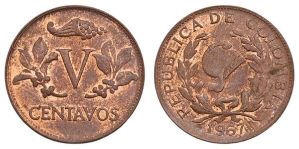 COLOMBIA 5 centavos 1967 VF+