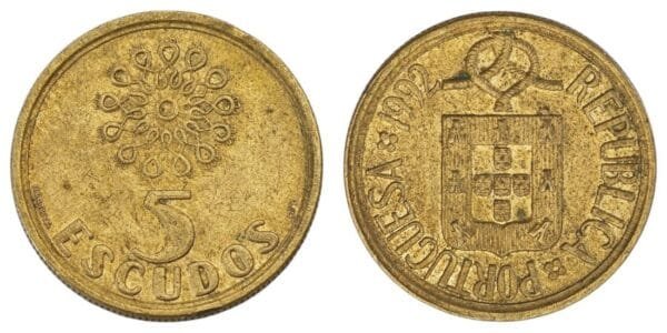 PORTUGAL 5 escudos 1992 VF