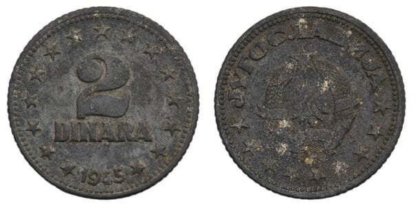 YUGOSLAVIA 2 dinara 1945 VF-