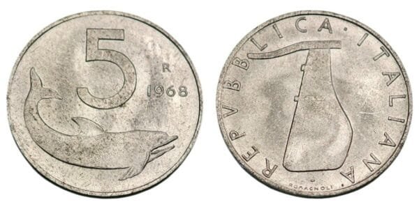 ITALY 5 lire 1968 XF+
