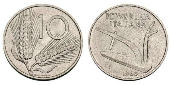 ITALY 10 lire 1968 XF+