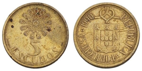 PORTUGAL 5 escudos 1990 VF