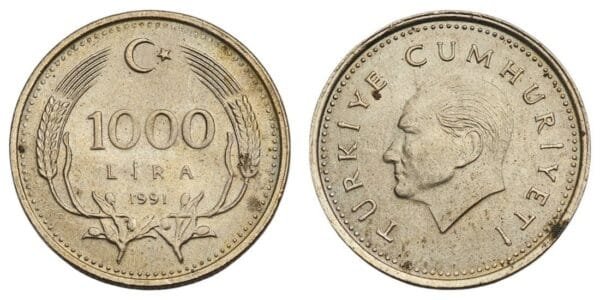 TURKEY 1000 lira 1991 XF-