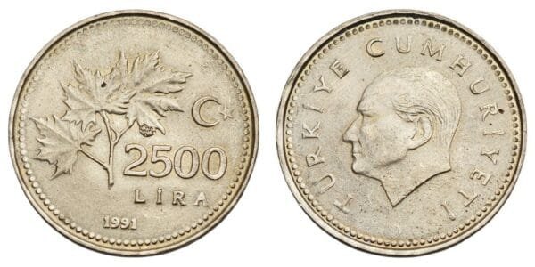 TURKEY 2500 lira 1991 XF