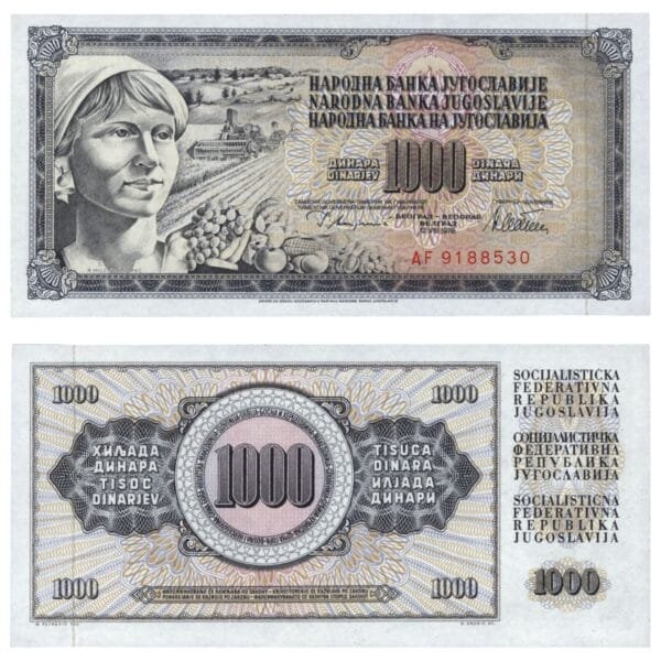 YUGOSLAVIA 1000 dinara 1978 / Correct text: "GUVERNER / Series: AF / UNC
