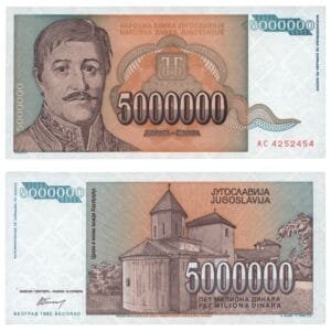 YUGOSLAVIA 5 million dinara 1993 UNC
