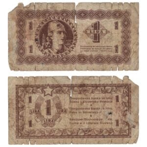 YUGOSLAVIA 1 lira 1945 / Economy Bank for Istra, Rijeka and Slovenian Littoral Region / large tear / VG-