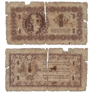 YUGOSLAVIA 1 lira 1945 / Economy Bank for Istra, Rijeka and Slovenian Littoral Region / large tear / VG-