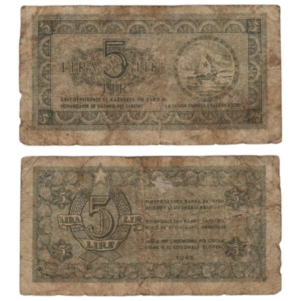 YUGOSLAVIA 5 lira 1945 / Economy Bank for Istra, Rijeka and Slovenian Littoral Region / F