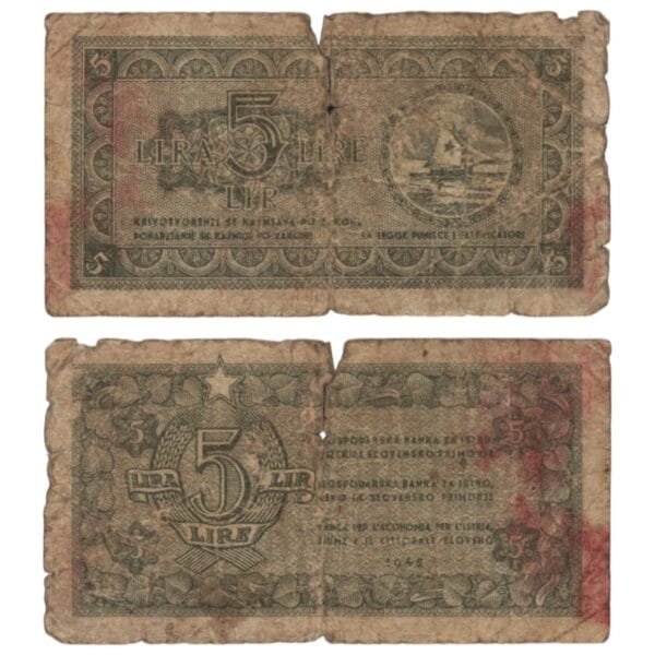 YUGOSLAVIA 5 lira 1945 / Economy Bank for Istra, Rijeka and Slovenian Littoral Region / VG