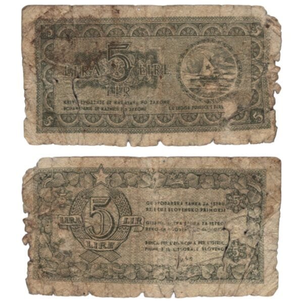 YUGOSLAVIA 5 lira 1945 / Economy Bank for Istra, Rijeka and Slovenian Littoral Region / VG