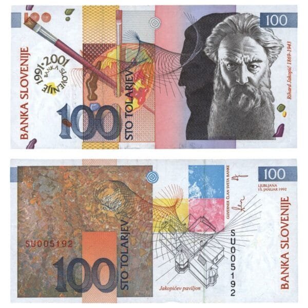 SLOVENIA 100 tolarjev 1992 / Overprint BANKA SLOVENIJE 1991-2001 / UNC