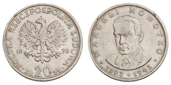 POLAND 20 zlotych 1976 / Marceli Nowotko / XF