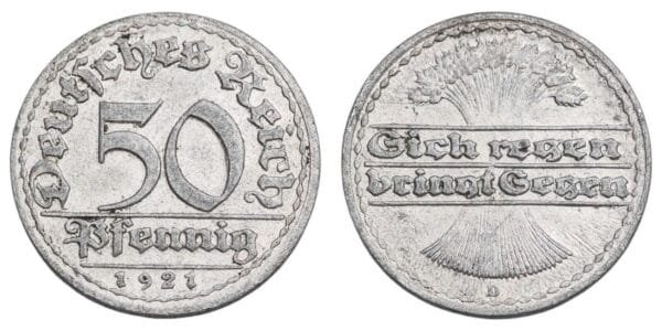 GERMANY 50 pfennig 1921D / Weimar Republic / VF