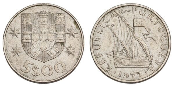 PORTUGAL 5 escudos 1977 VF