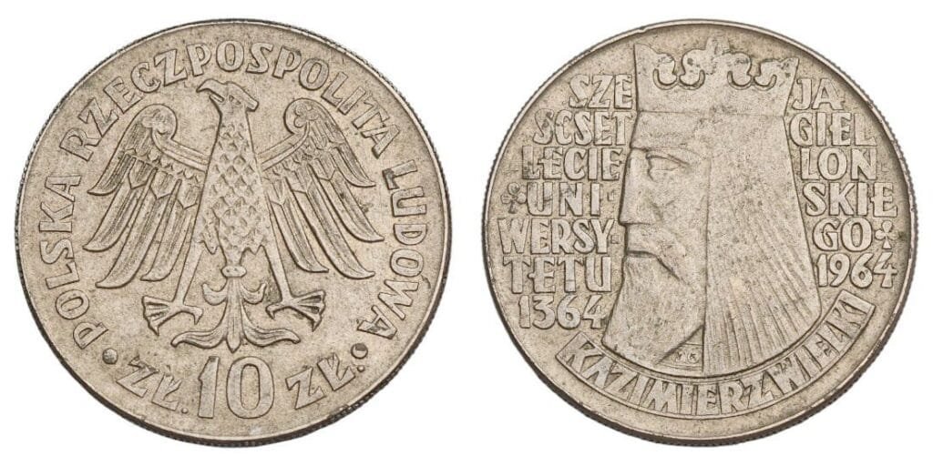 POLAND 10 zlotych 1964 / 600th Anniversary of Jagiello University / Legends Raised / VF