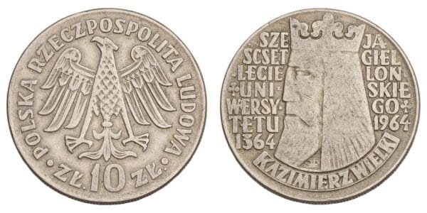 POLAND 10 zlotych 1964 / 600th Anniversary of Jagiello University / Legends Raised / VF