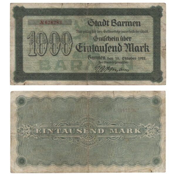 GERMANY 1000 mark 1922 / Barmen city / Notgeld / VF-