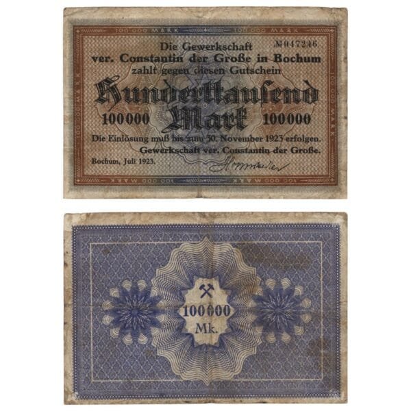 GERMANY 100000 mark 1923 / Constantin der Grosse / Bochum city / Notgeld / VF-
