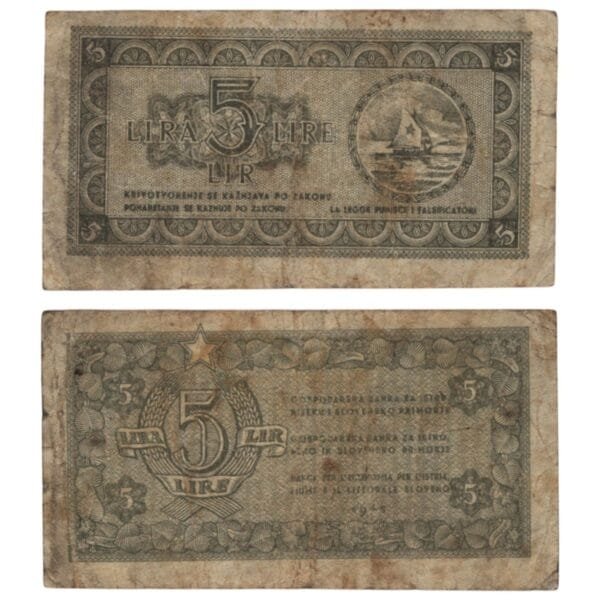 YUGOSLAVIA 5 lira 1945 / Economy Bank for Istra, Rijeka and Slovenian Littoral Region / F