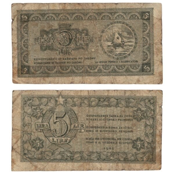 YUGOSLAVIA 5 lira 1945 / Economy Bank for Istra, Rijeka and Slovenian Littoral Region / F