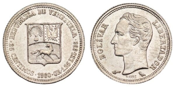VENEZUELA 25 centimos 1960 / Silver / XF