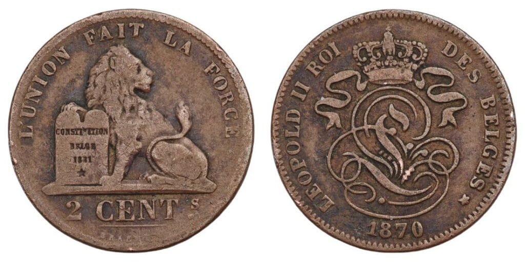 BELGIUM 2 centimes 1870 VF