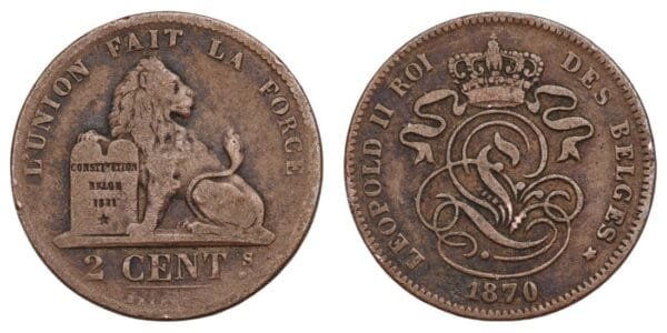 BELGIUM 2 centimes 1870 VF